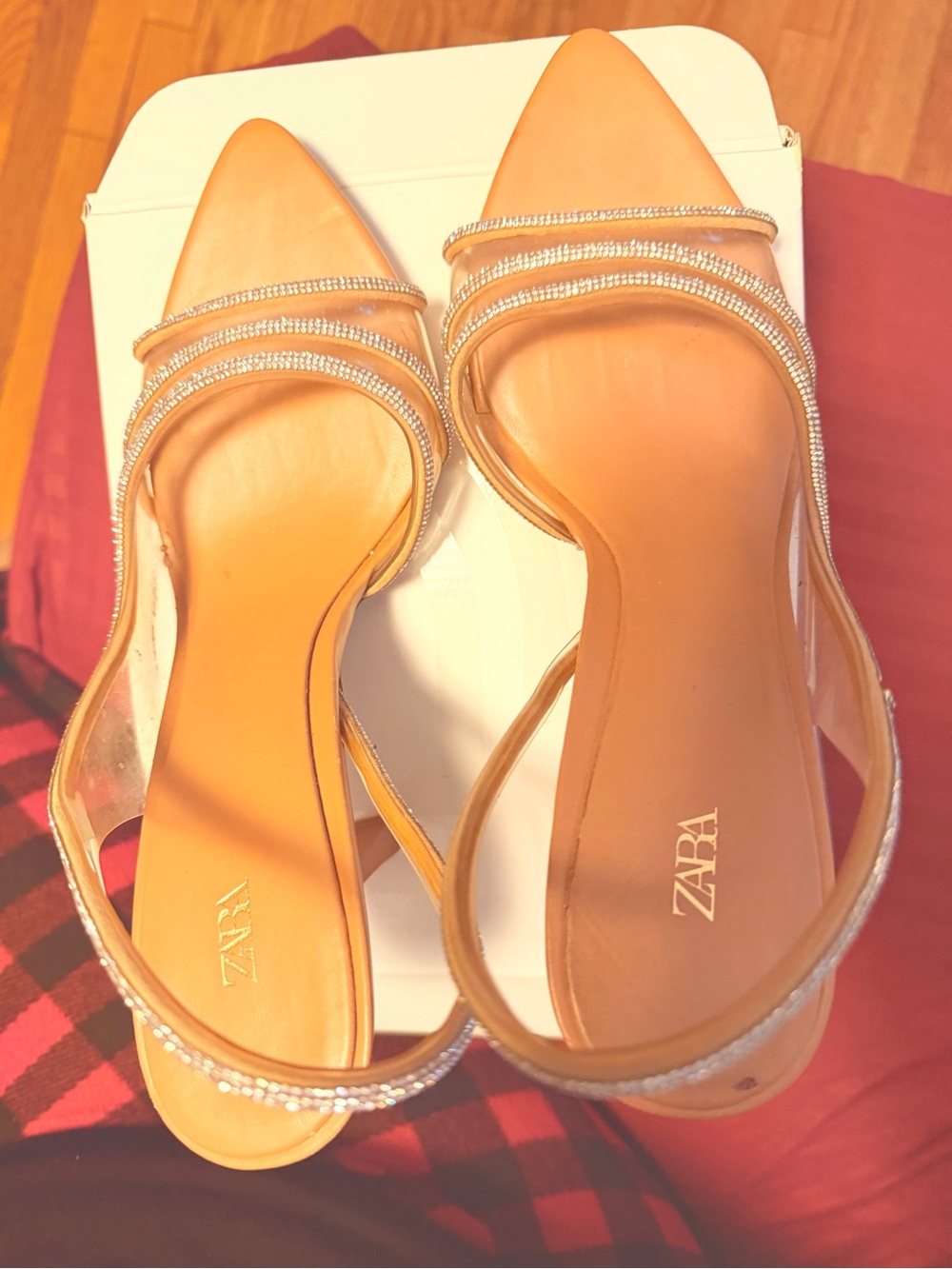 ZARA Tan Pointed Slingback Mules with Rhinestone Straps